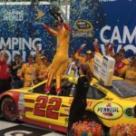 Joey Logano celebrating win in the victory lane during NASCAR VIP trip