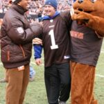 Tom Cavalli getting the keys to the truck he won on the field of the Browns football team