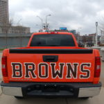 Back of the Browns truck stating "Browns" on the truck bed